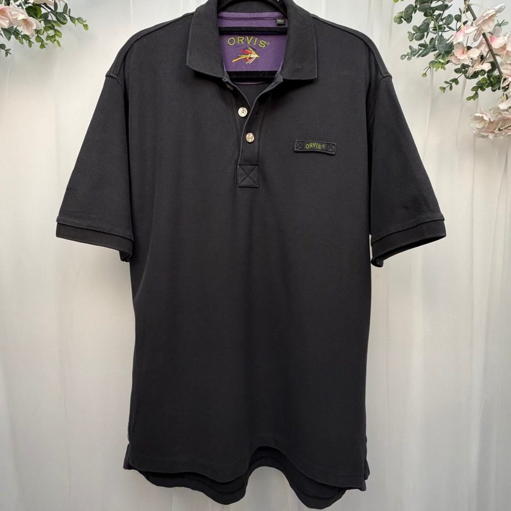 Orvis Mens Short Sleeve Polo Shirt Black Pique Knit Purple Trim Size L